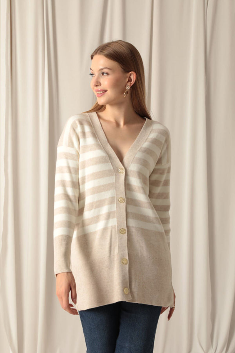 Knitwear Fabric Striped Women's Stone Cardigan - STREETMODE™