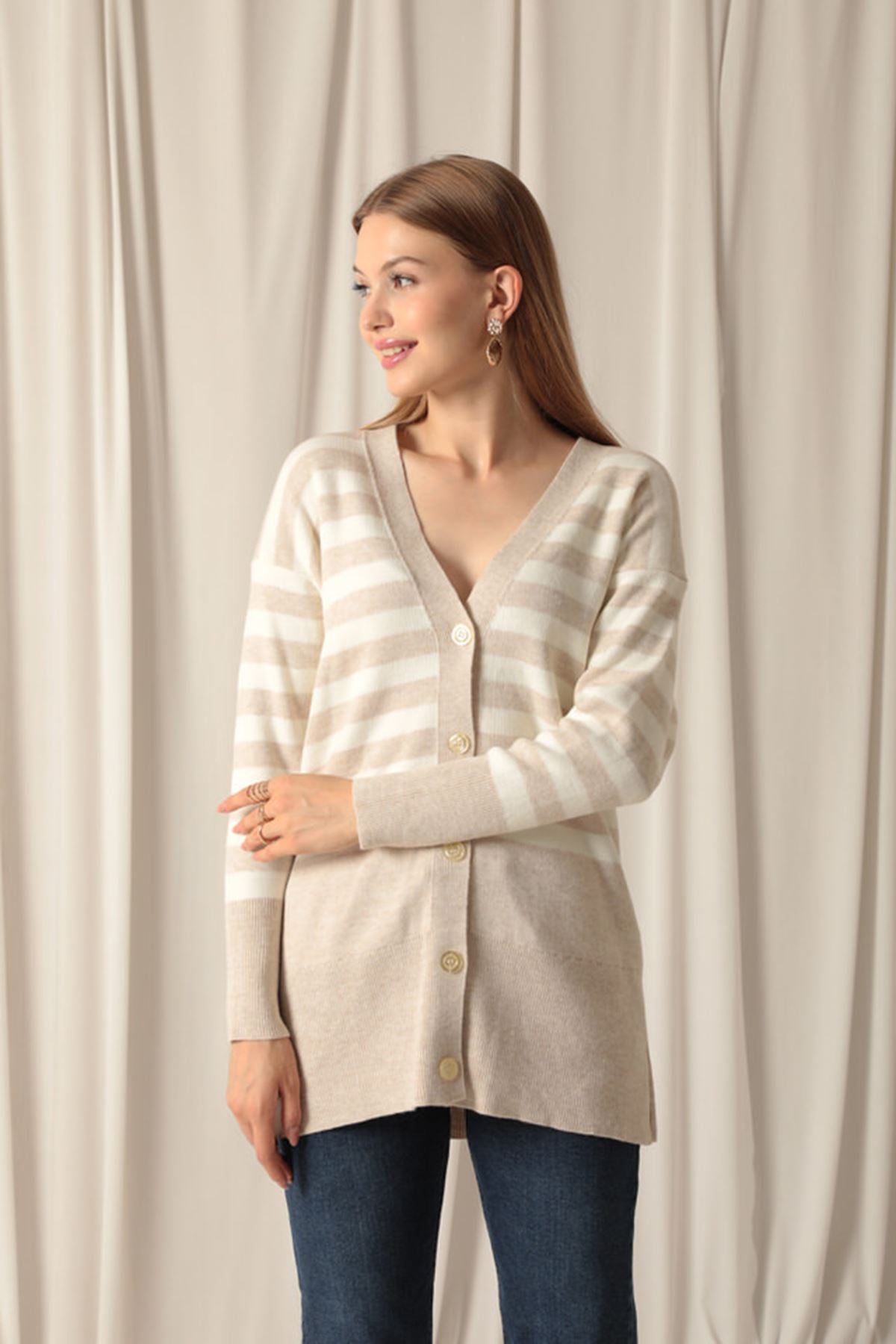 Knitwear Fabric Striped Women's Stone Cardigan - STREETMODE™