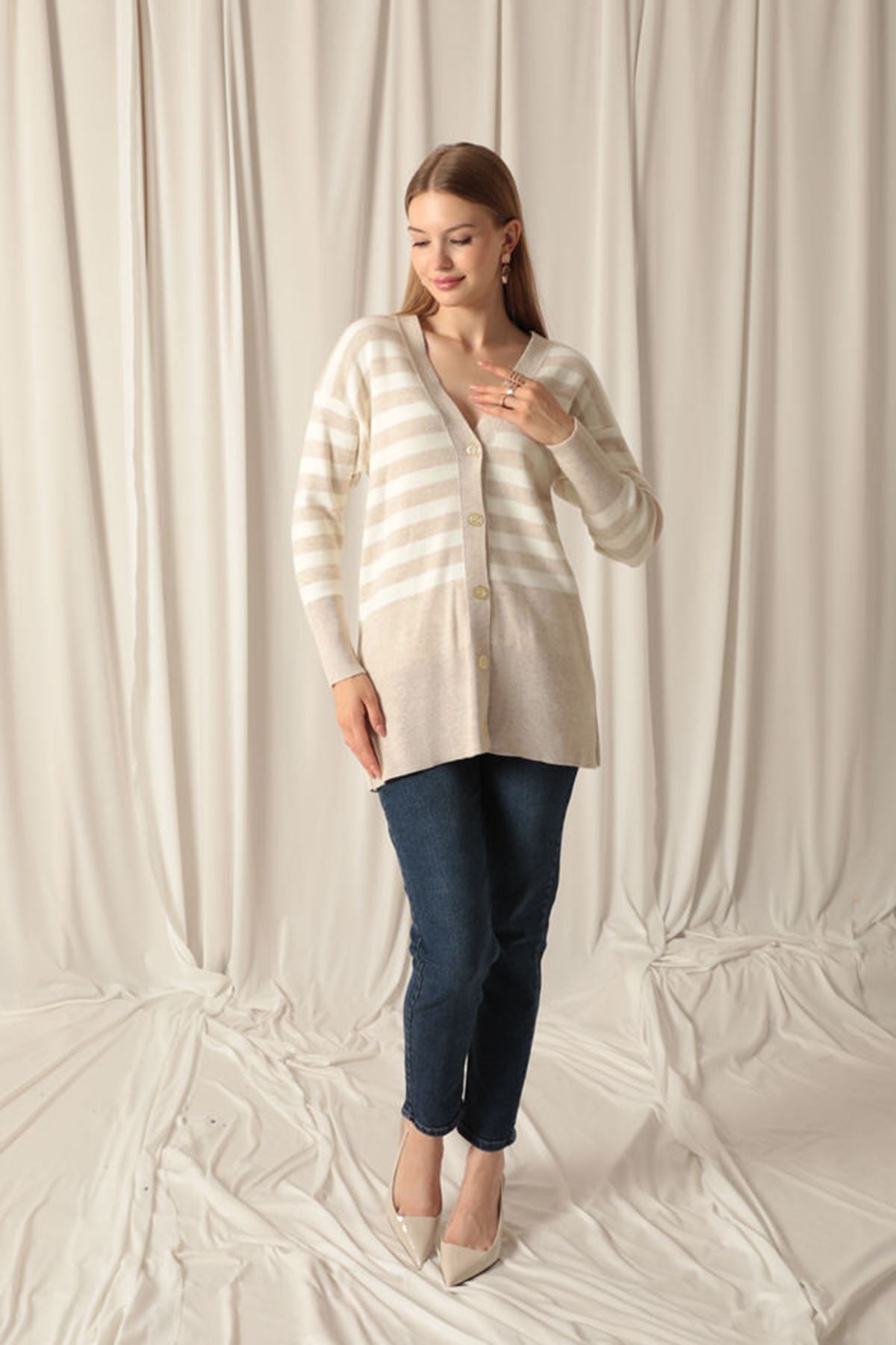 Knitwear Fabric Striped Women's Stone Cardigan - STREETMODE™