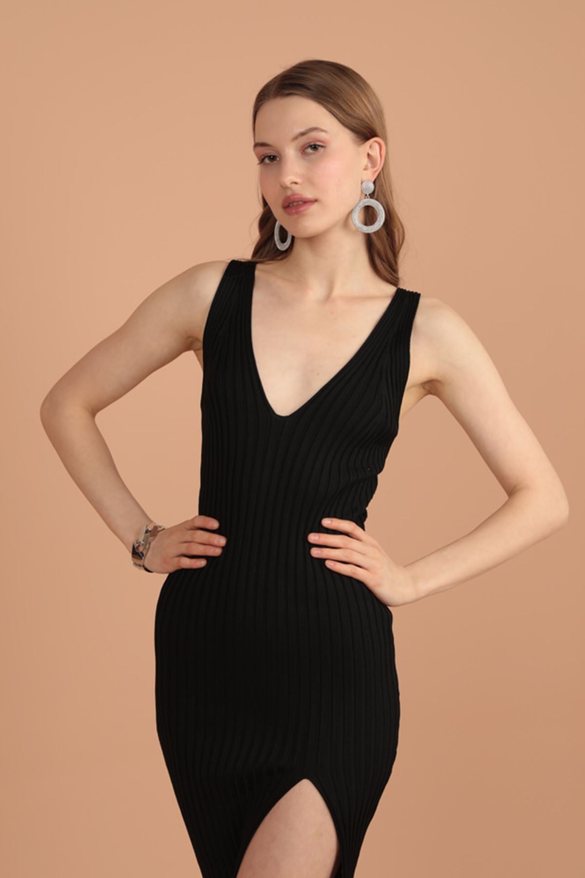 Knitwear Thick Wicking V-Neck Women's Dress-Black - STREETMODE™