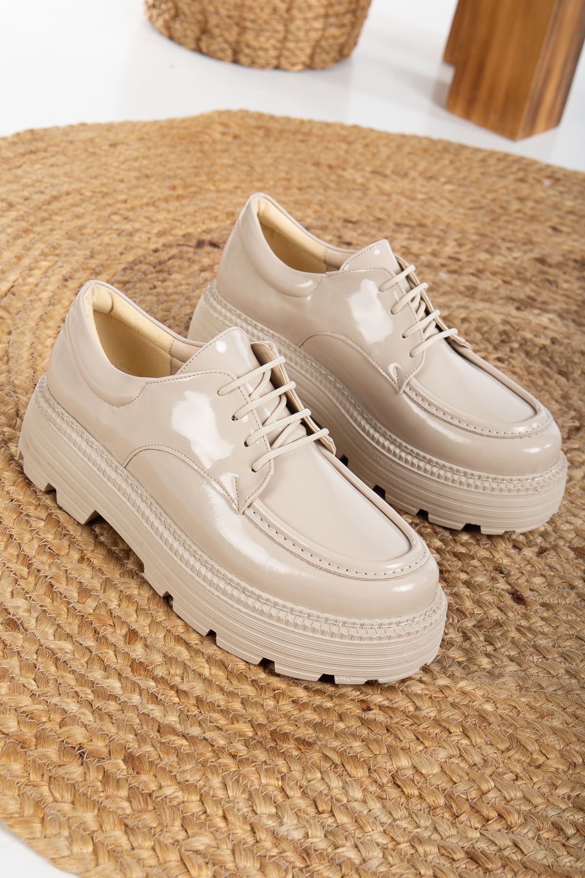 Lace Detailed Beige Patent Leather Women's Stylish Casual Shoes - STREETMODE™