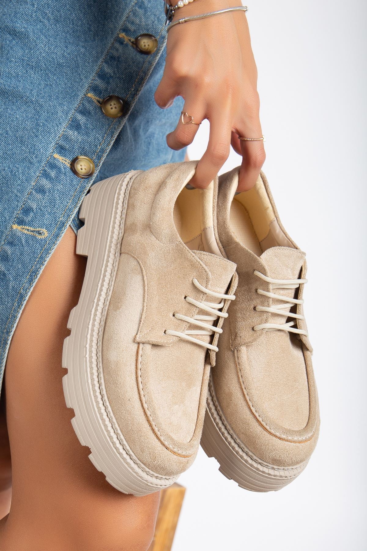 Lace Detailed Beige Suede Women's Stylish Casual Shoes - STREETMODE™