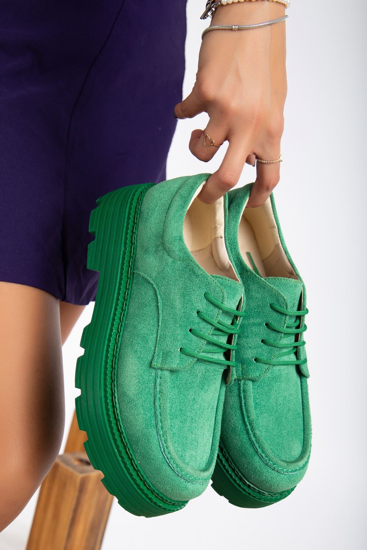 Lace Detailed Green Suede Women's Stylish Casual Shoes - STREETMODE™