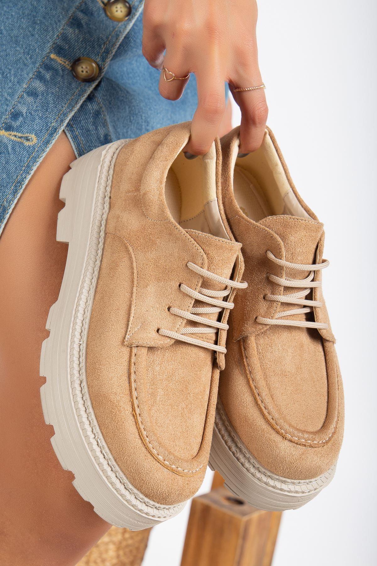 Lace Detailed Nude Suede Women's Stylish Casual Shoes - STREETMODE™