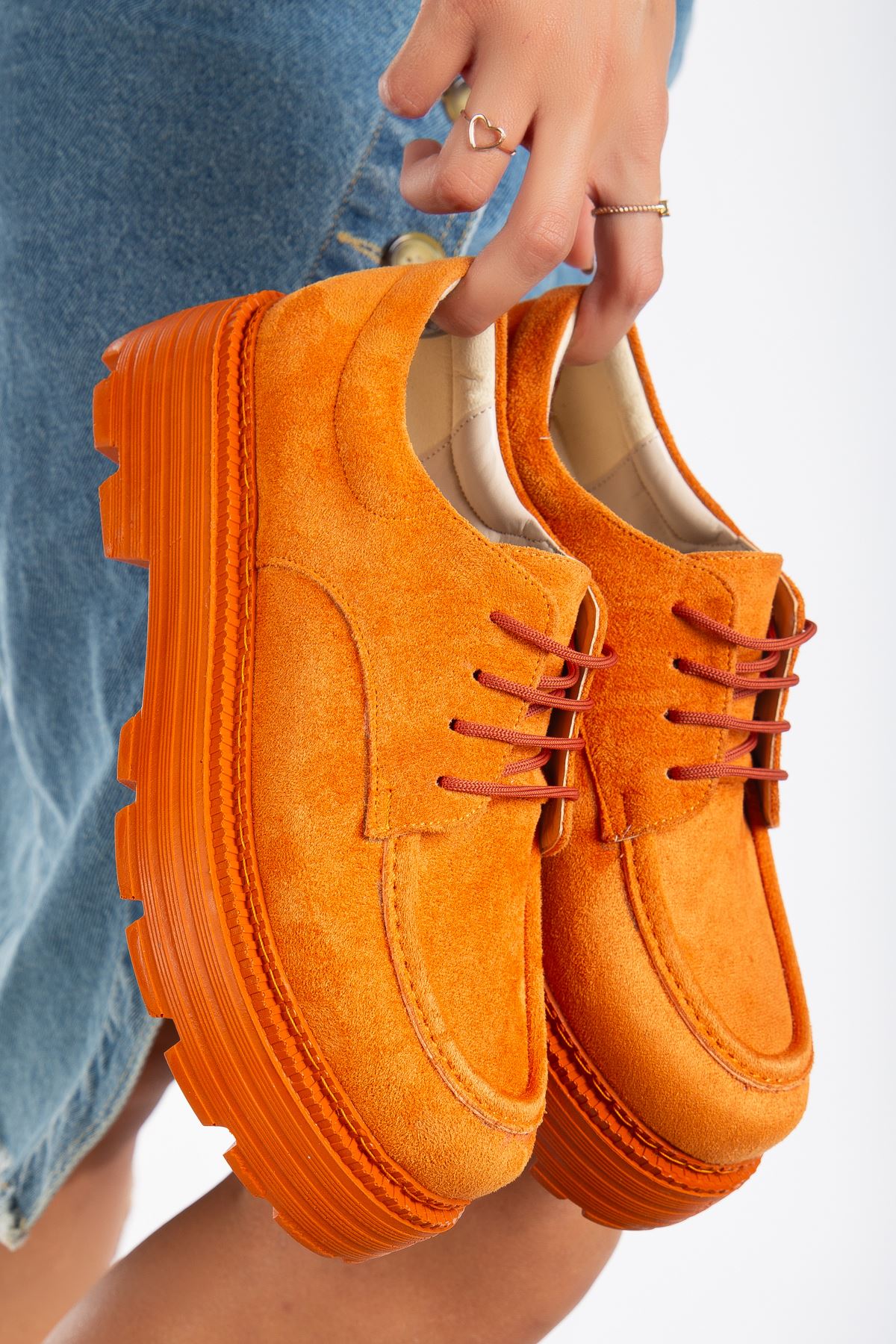 Lace Detailed Orange Suede Women's Stylish Casual Shoes - STREETMODE™