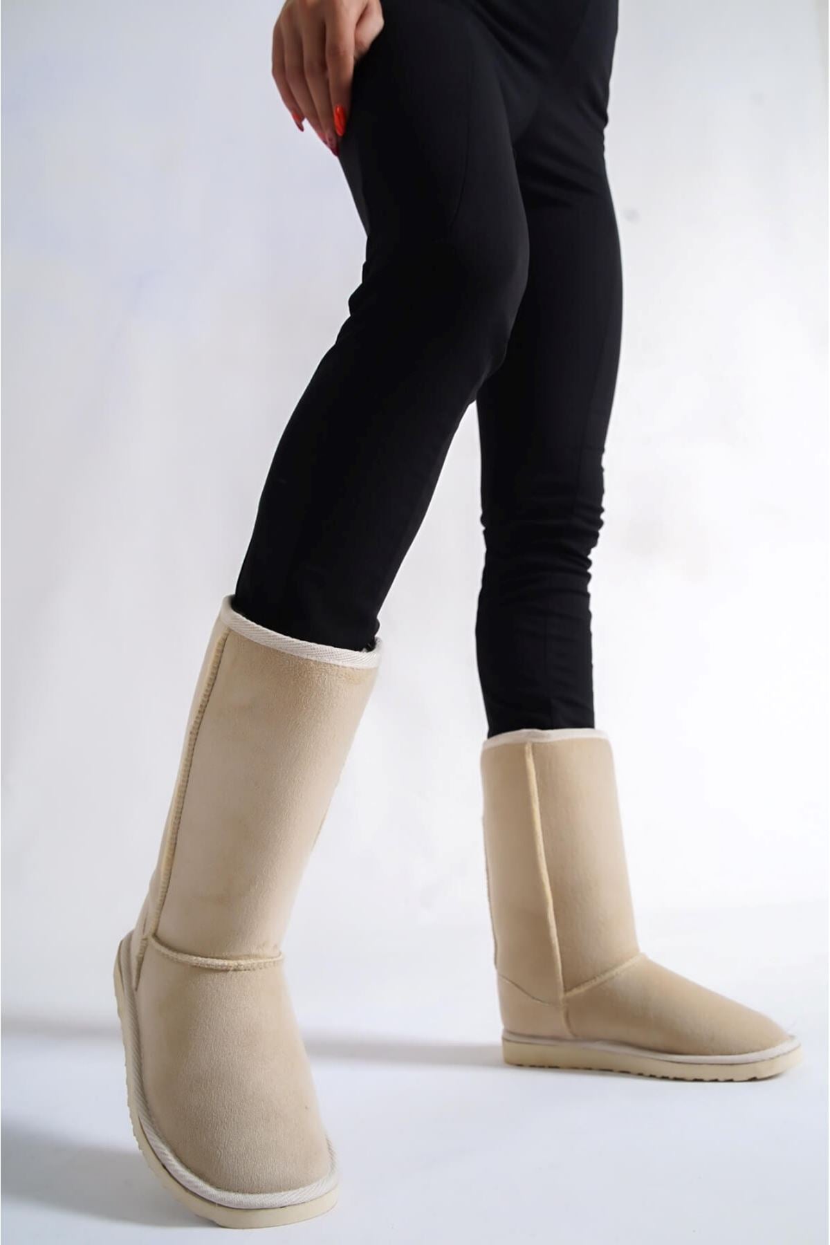 Lada Cream Feather Detailed Suede Women's Boots - STREETMODE™