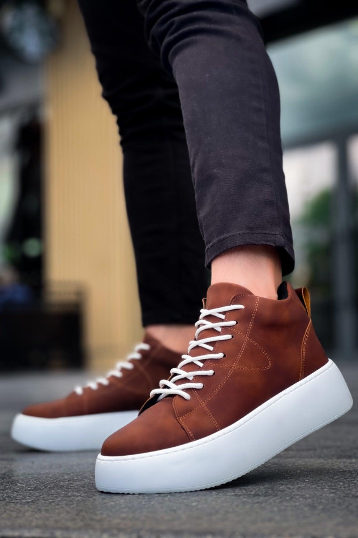 LE10 Lace-Up Men's High Sole Tan Leather Sports Boots - STREETMODE™