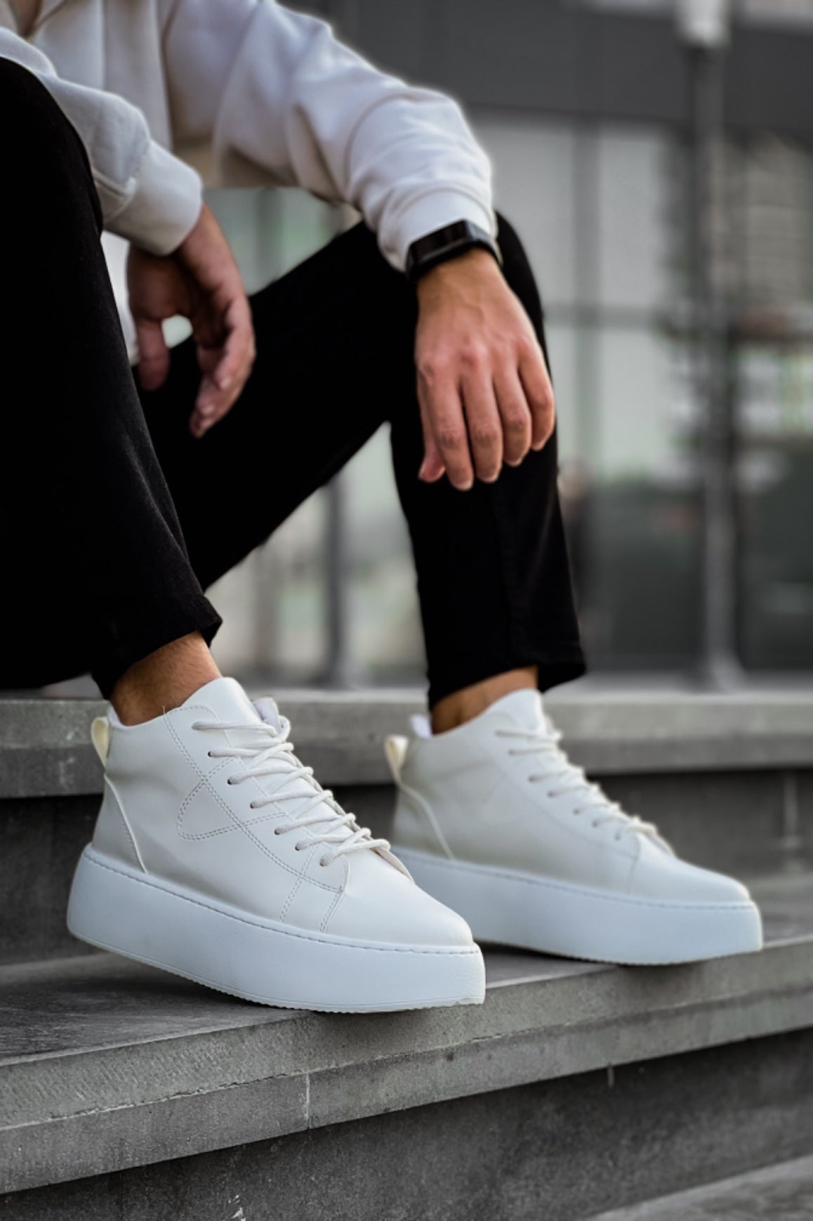 LE10 Lace-Up Men's High Sole White Sports Boots - STREETMODE™