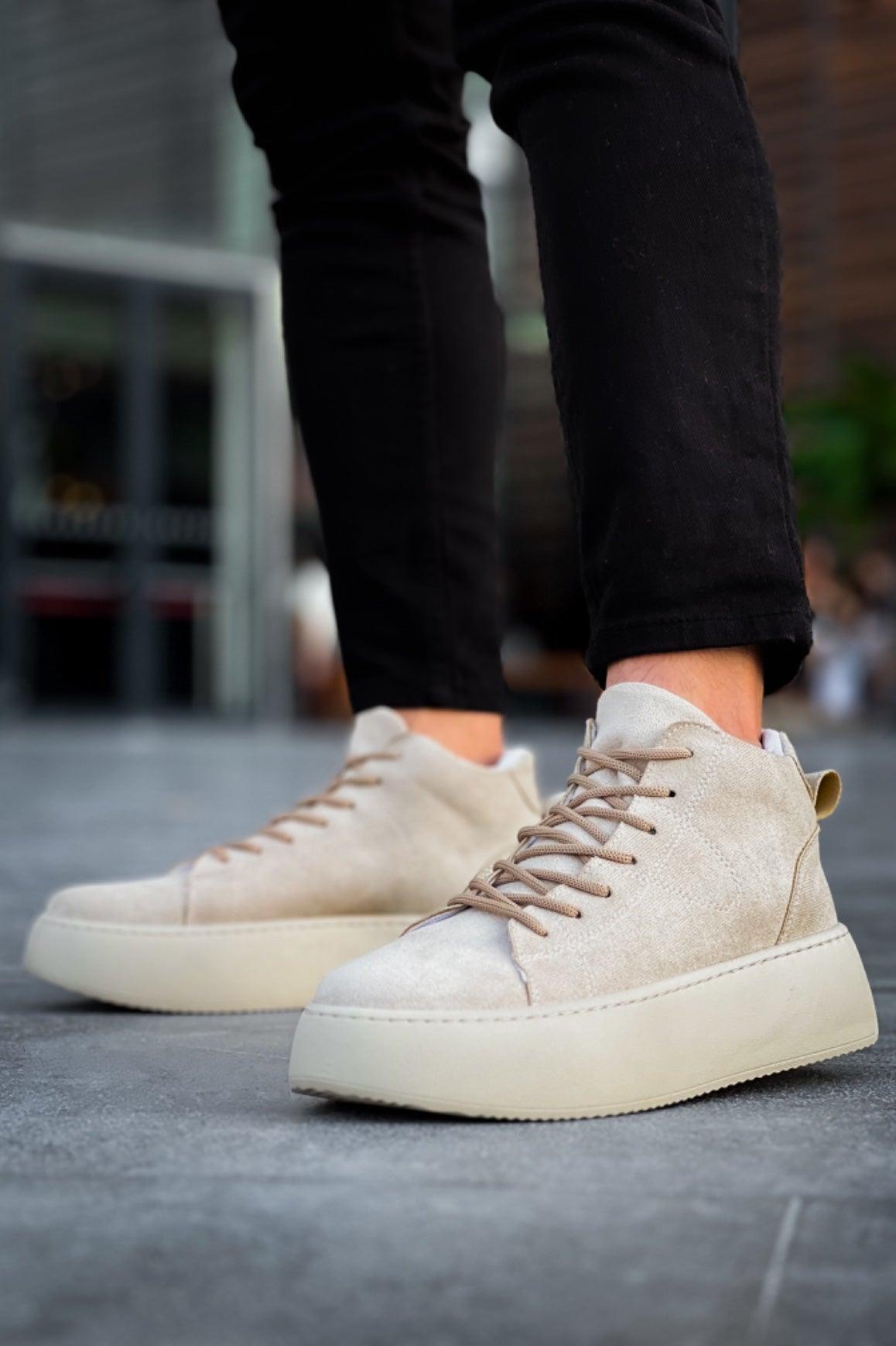 LE10 Laced Men's High Sole Imported Suede Cream Sports Boots - STREETMODE™