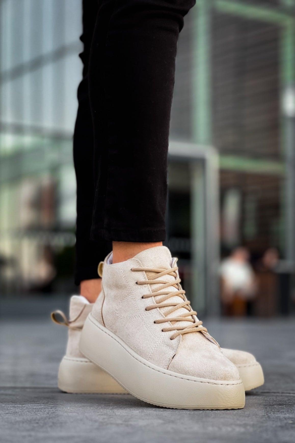 LE10 Laced Men's High Sole Imported Suede Cream Sports Boots - STREETMODE™