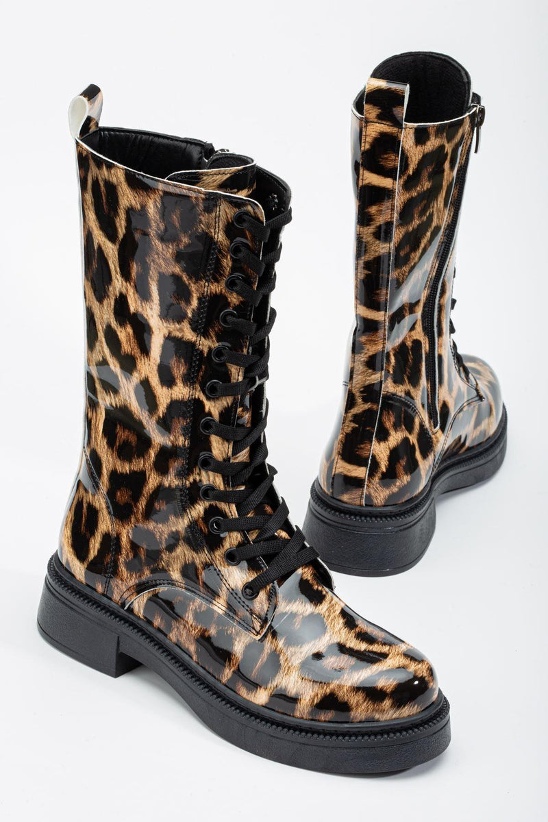 Leopard Patent Leather Lace Detail Women's Boots - STREETMODE™