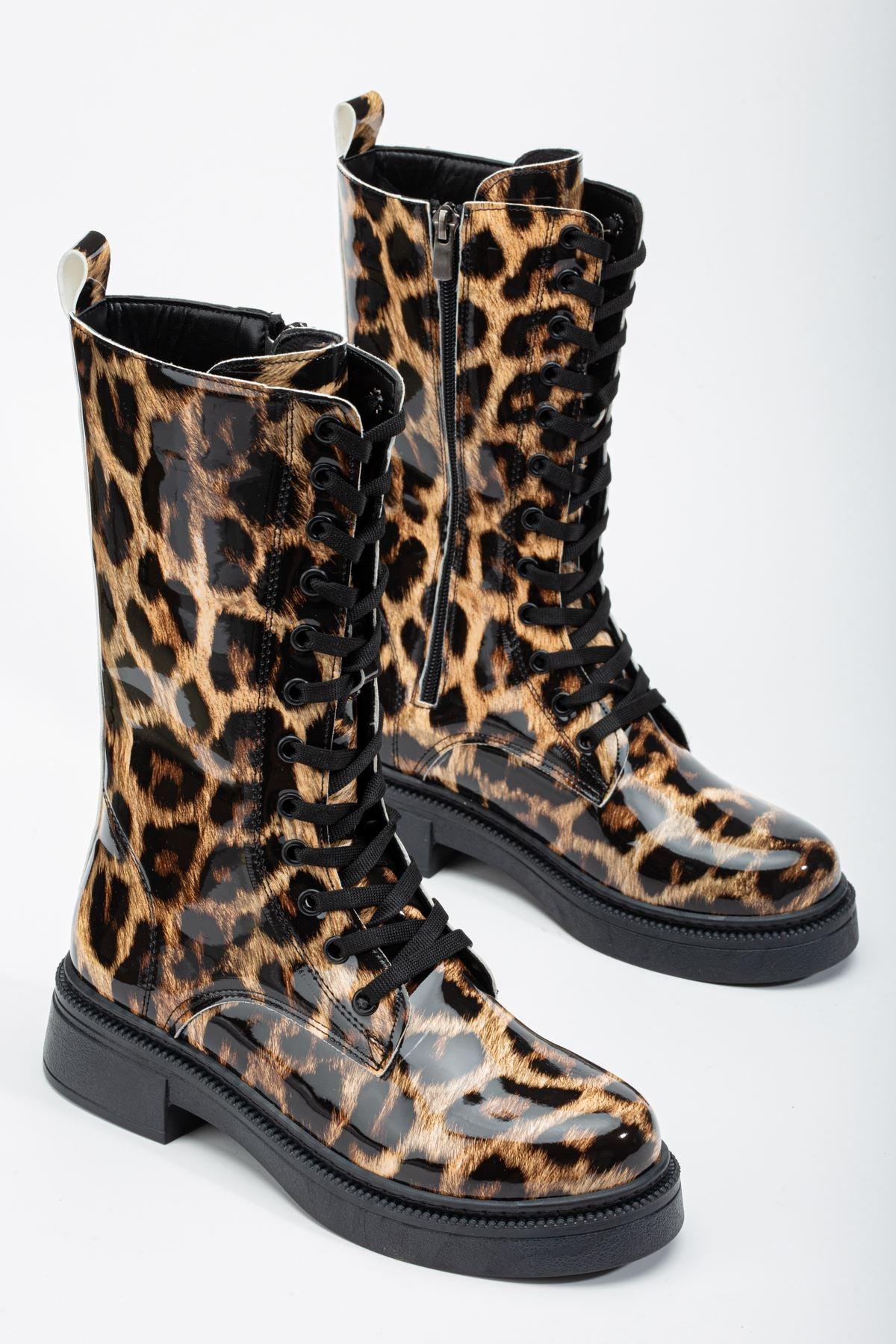 Leopard Patent Leather Lace Detail Women's Boots - STREETMODE™