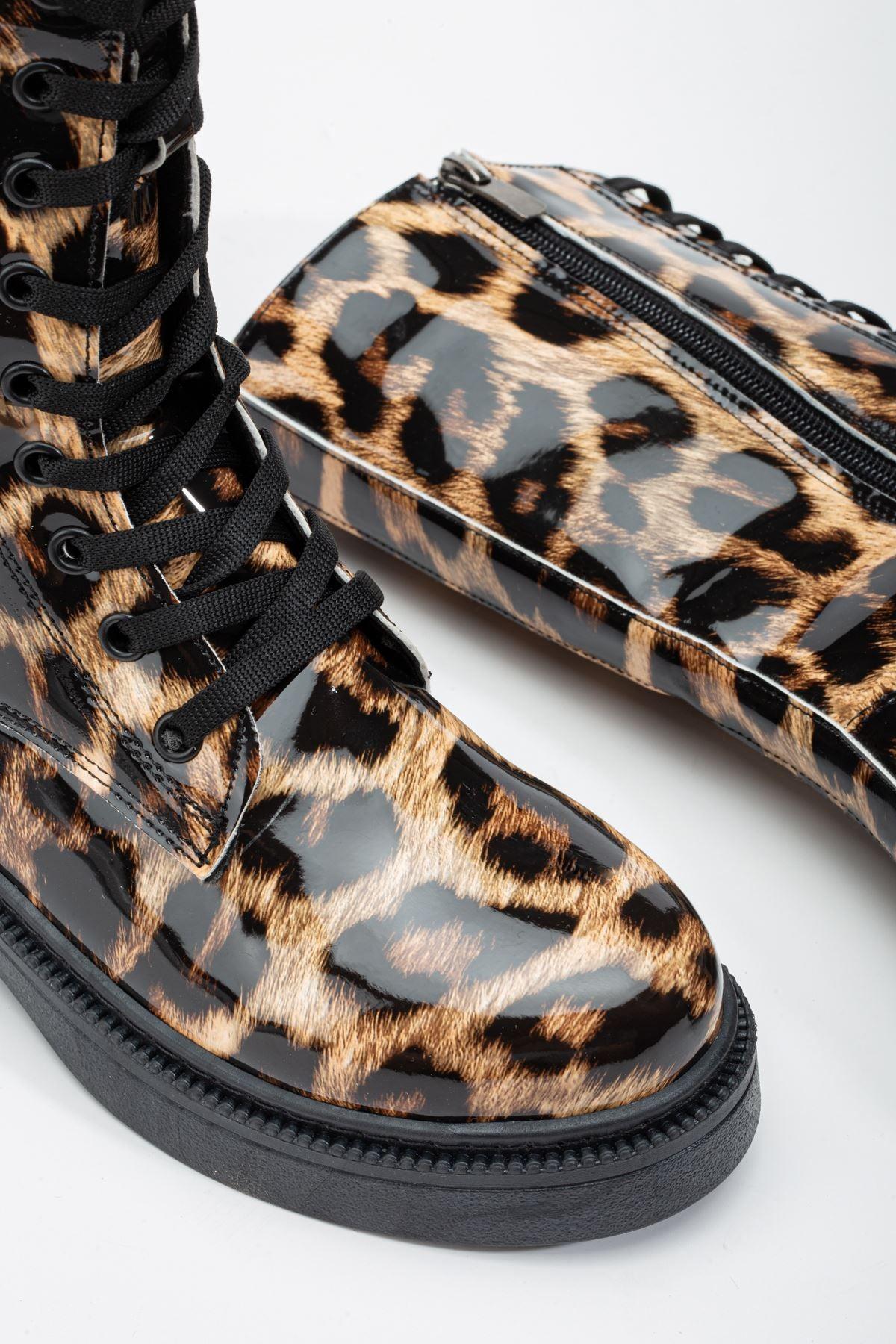 Leopard Patent Leather Lace Detail Women's Boots - STREETMODE™