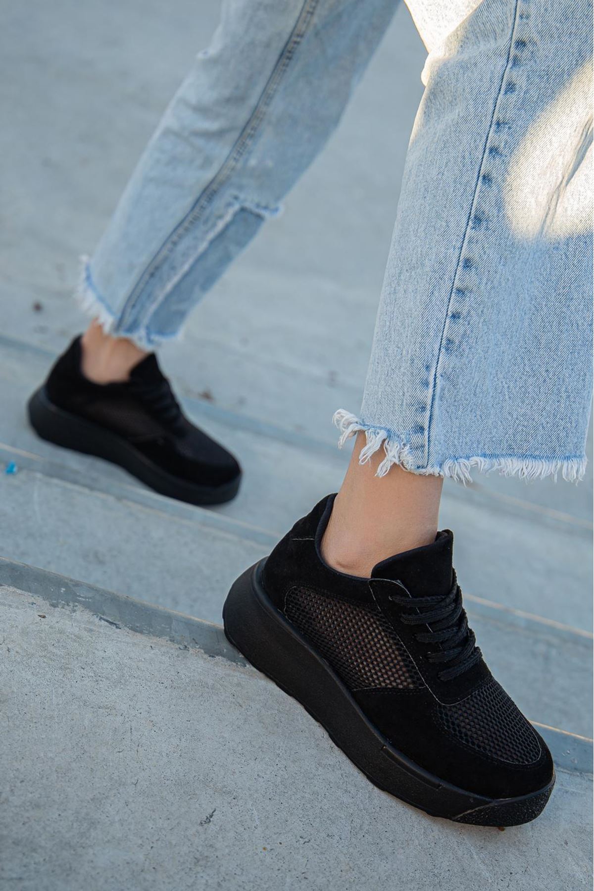 Liam Black Suede - Mesh Lace Detail Thick Sole Sneakers Shoes - STREETMODE™