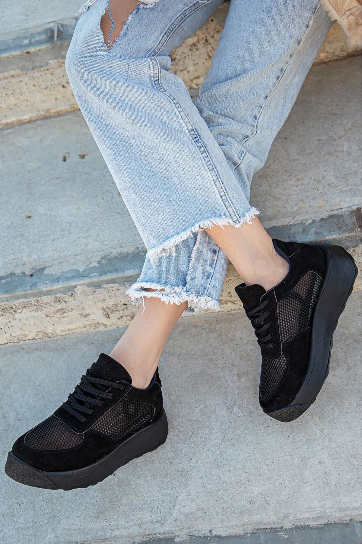 Liam Black Suede - Mesh Lace Detail Thick Sole Sneakers Shoes - STREETMODE™