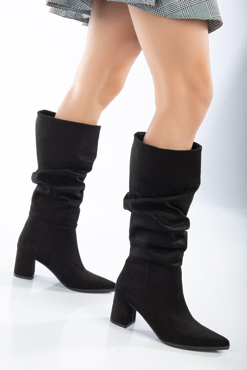 Lise-Britt Black Suede Boots with Bellows Heels for Women - STREETMODE™