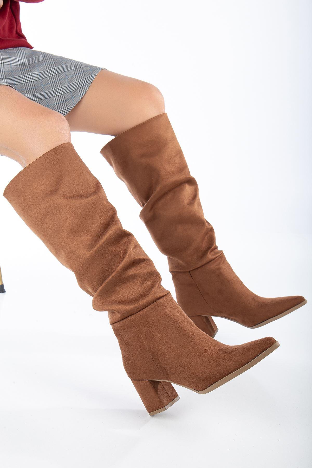 Lise-Britt Brown Suede Gusseted Heeled Women's Boots - STREETMODE™