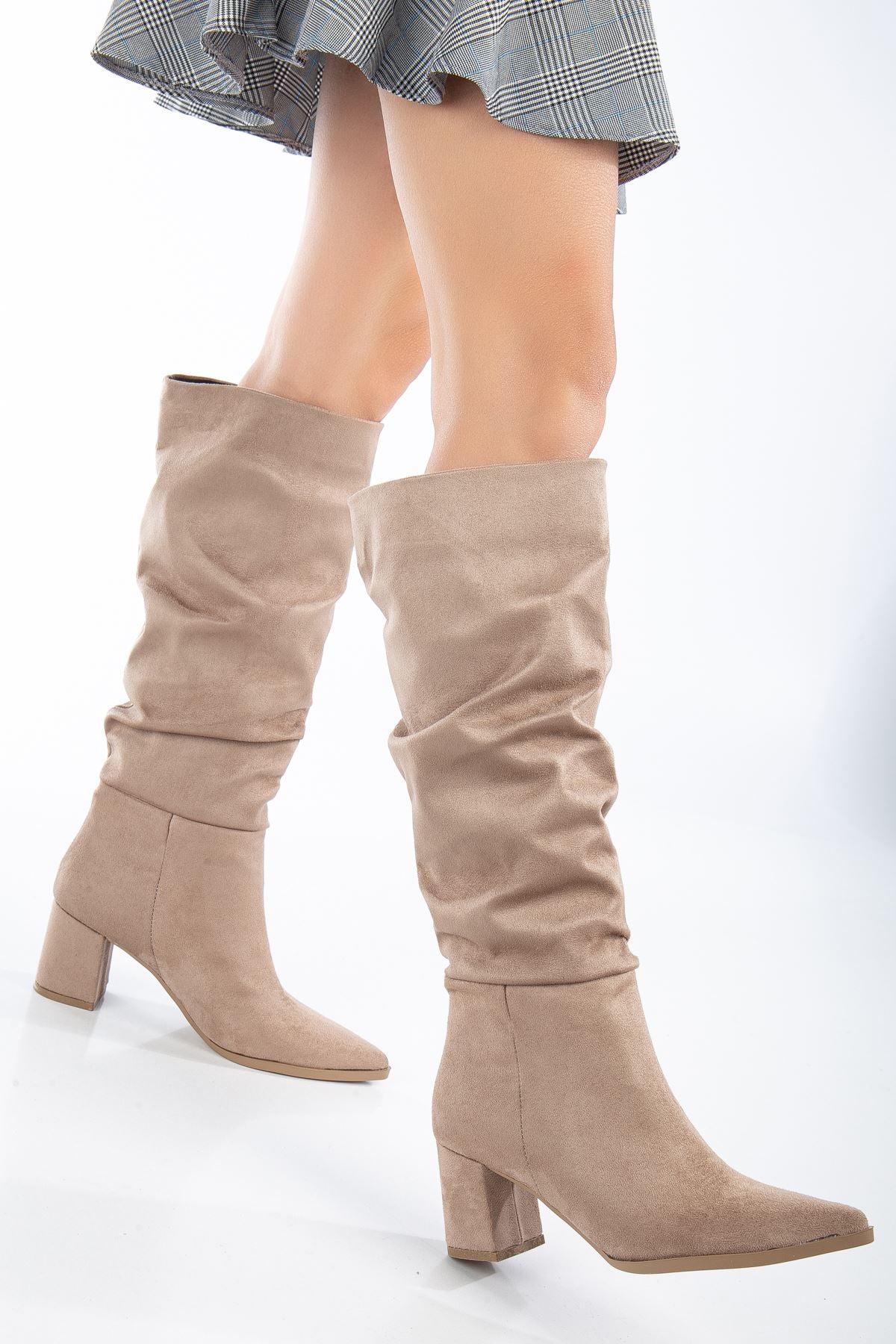 Lise-Britt Nude Suede Boots with Bellows Heels for Women - STREETMODE™