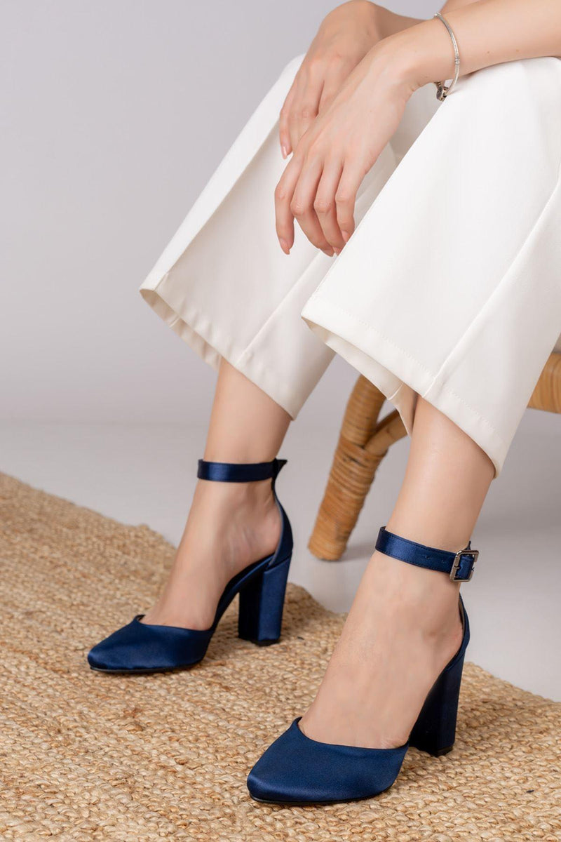 Lole Heeled Navy Blue Satin Detailed Heeled Shoes - STREETMODE™