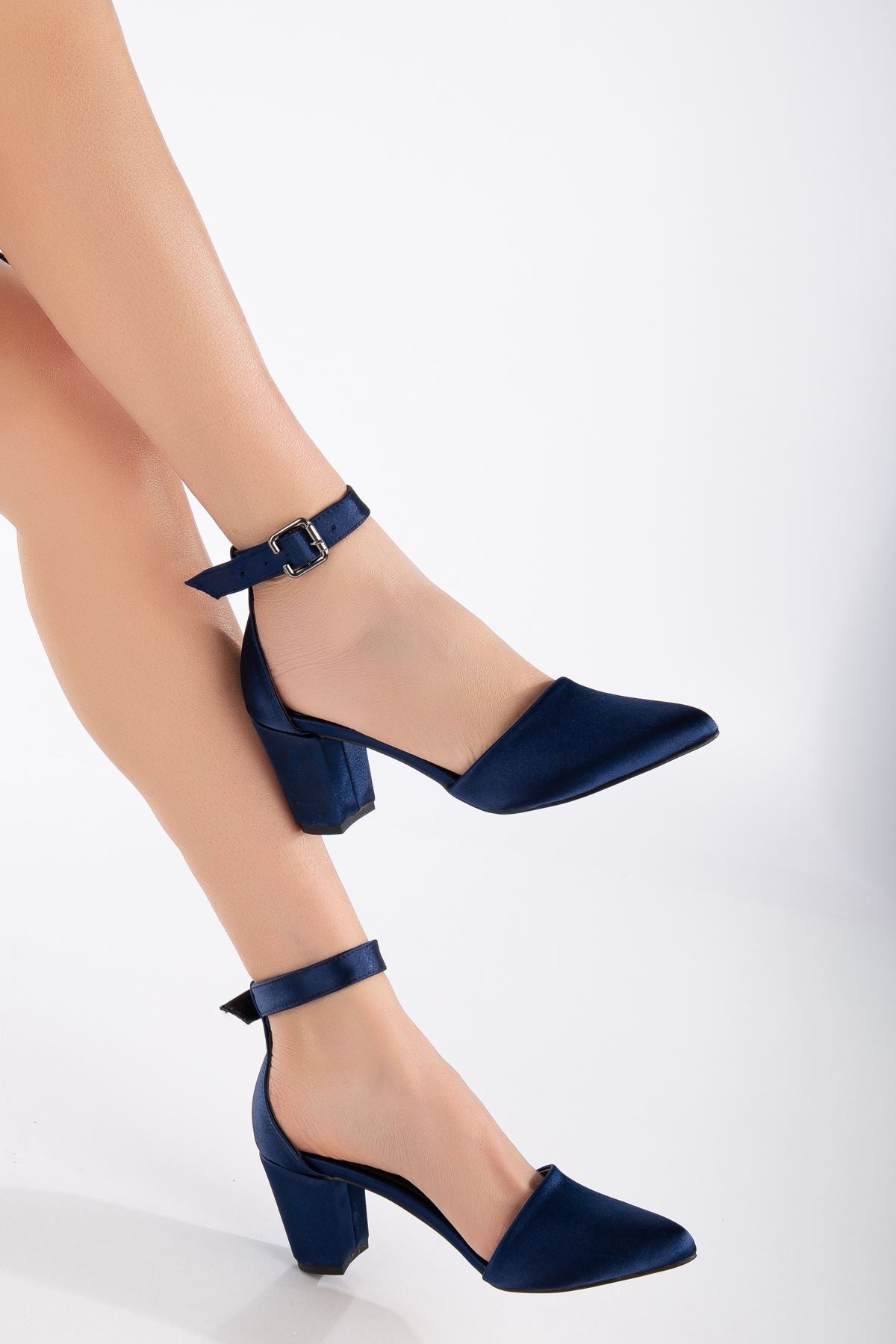 Lottis Navy Blue Satin Detailed Heeled Women's Shoes - STREETMODE™