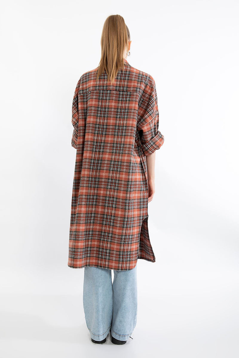 Lumberjack Fabric Long Sleeve Below Knee Comfy Plaid Women'S Shirt - Brick - STREETMODE™