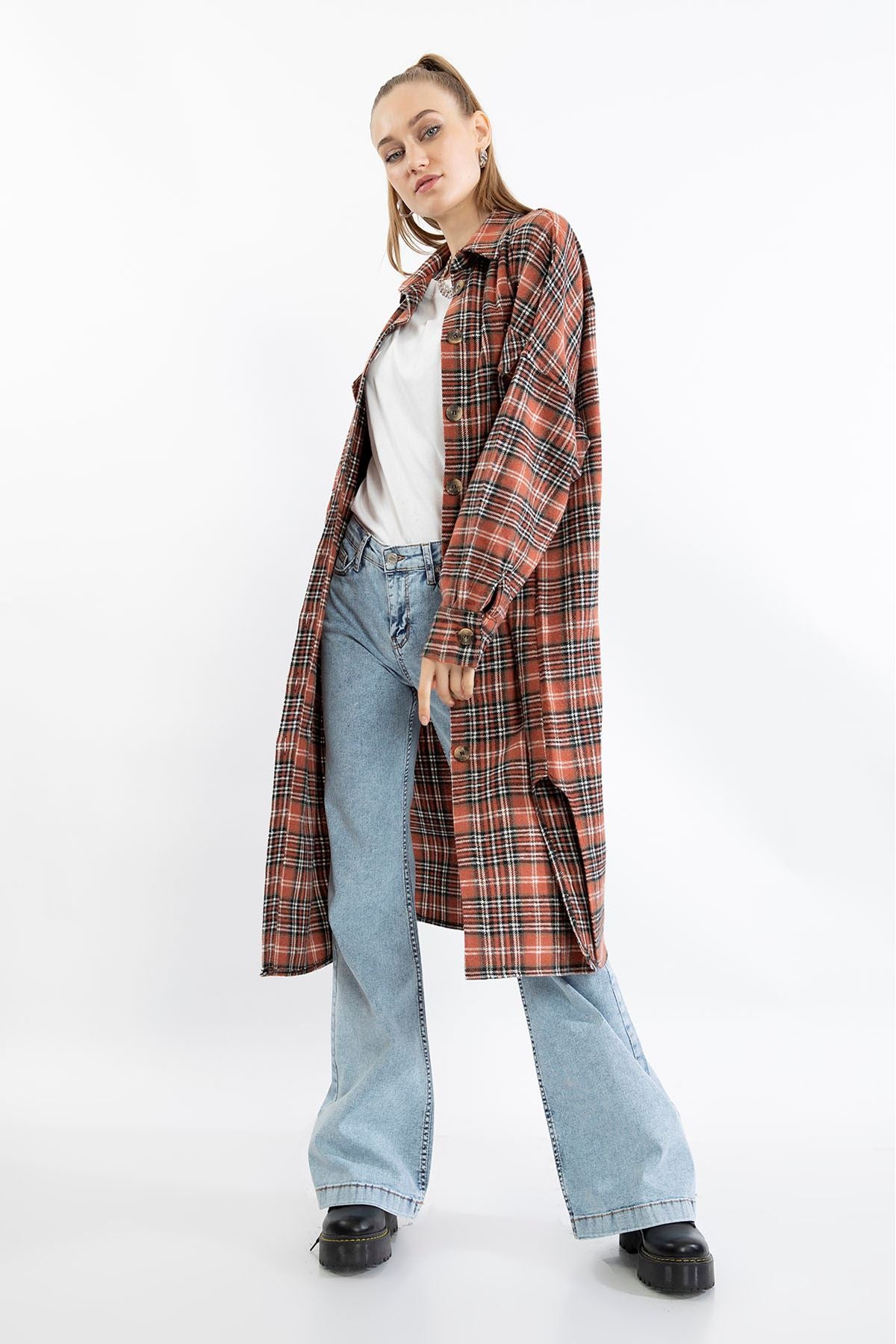 Lumberjack Fabric Long Sleeve Below Knee Comfy Plaid Women'S Shirt - Brick - STREETMODE™