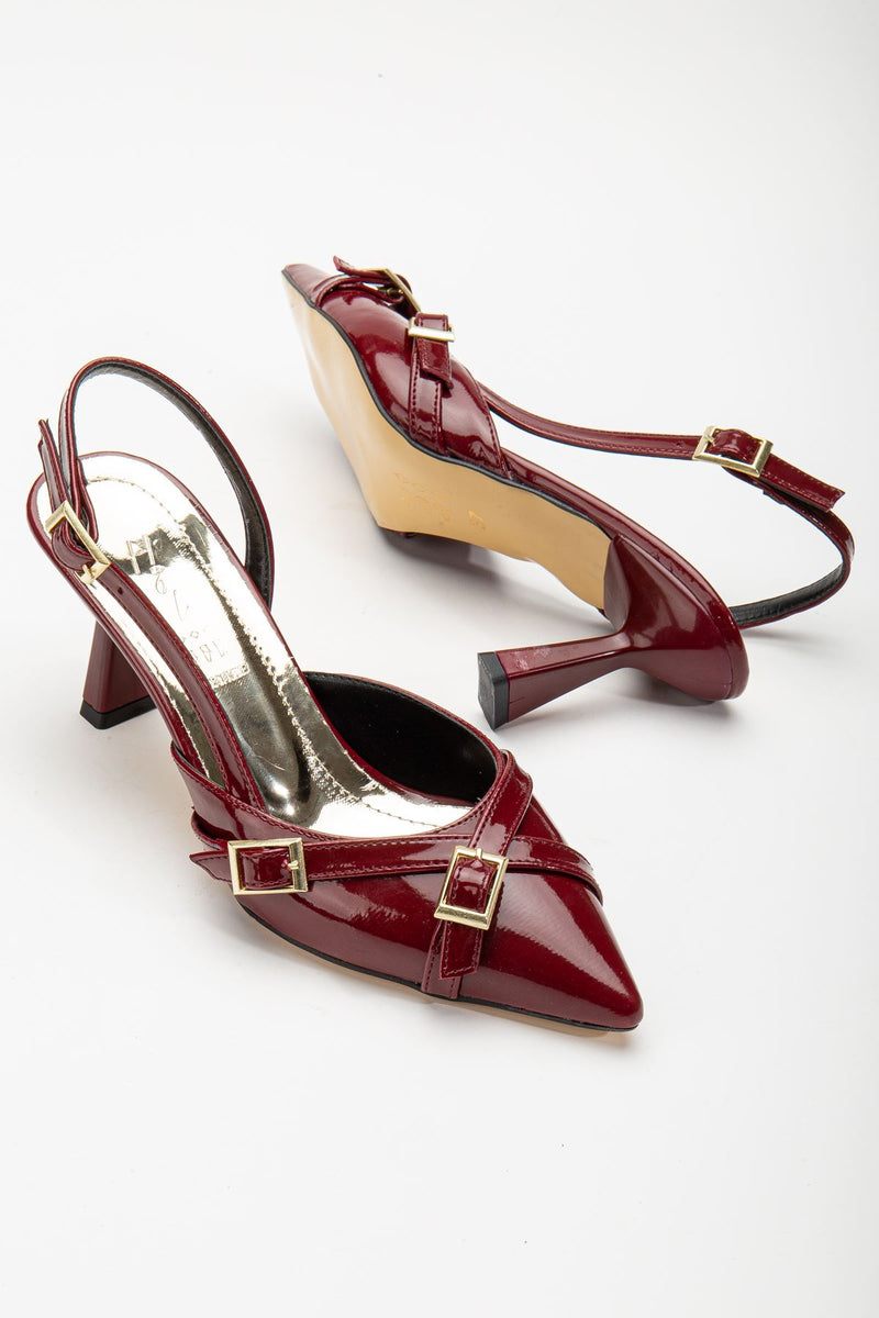 Mary Jane Burgundy Patent Leather Open Back Pointed Toe Women's Heeled Shoes - STREETMODE™