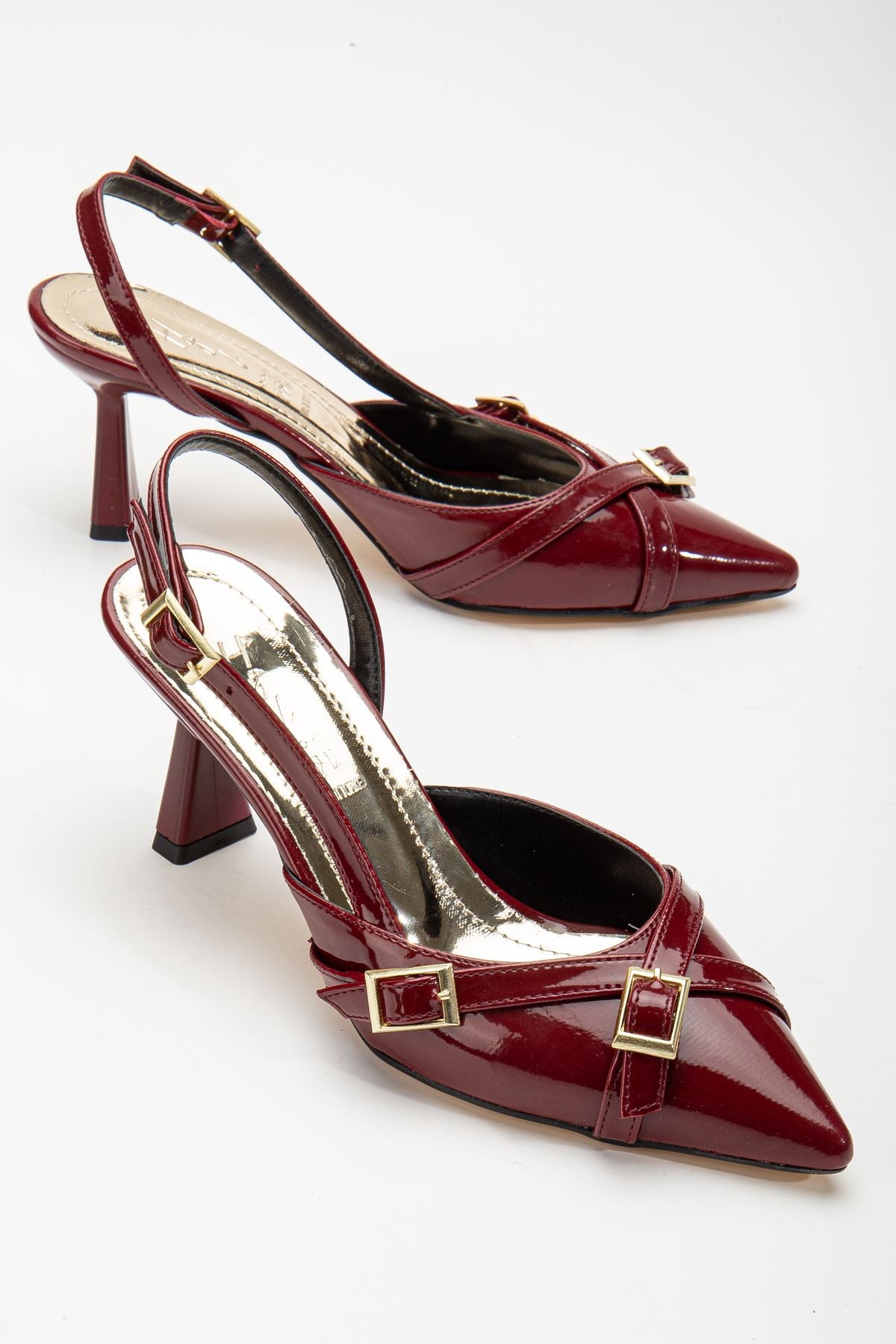 Mary Jane Burgundy Patent Leather Open Back Pointed Toe Women's Heeled Shoes - STREETMODE™