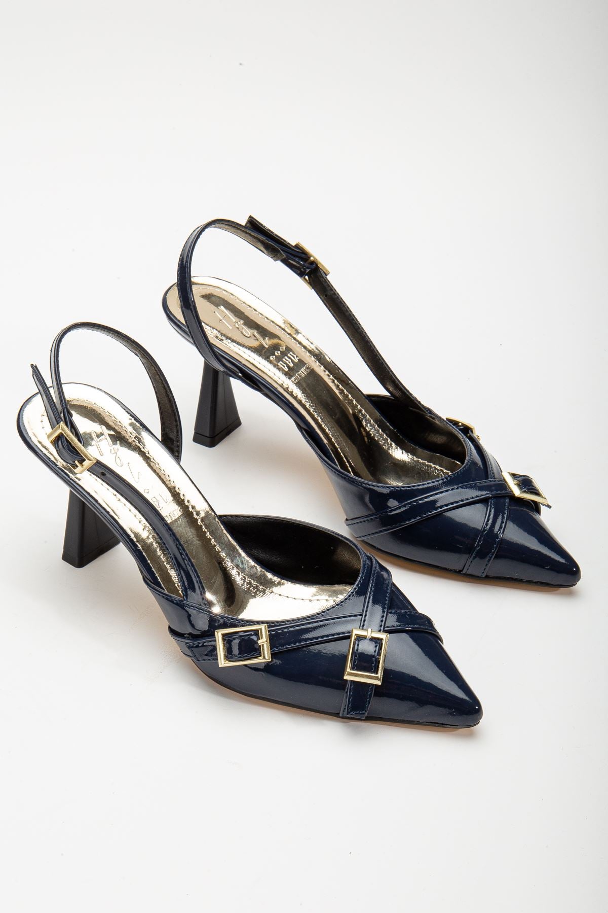 Mary Jane Navy Blue Patent Leather Open Back Pointed Toe Women's Heeled Shoes - STREETMODE™
