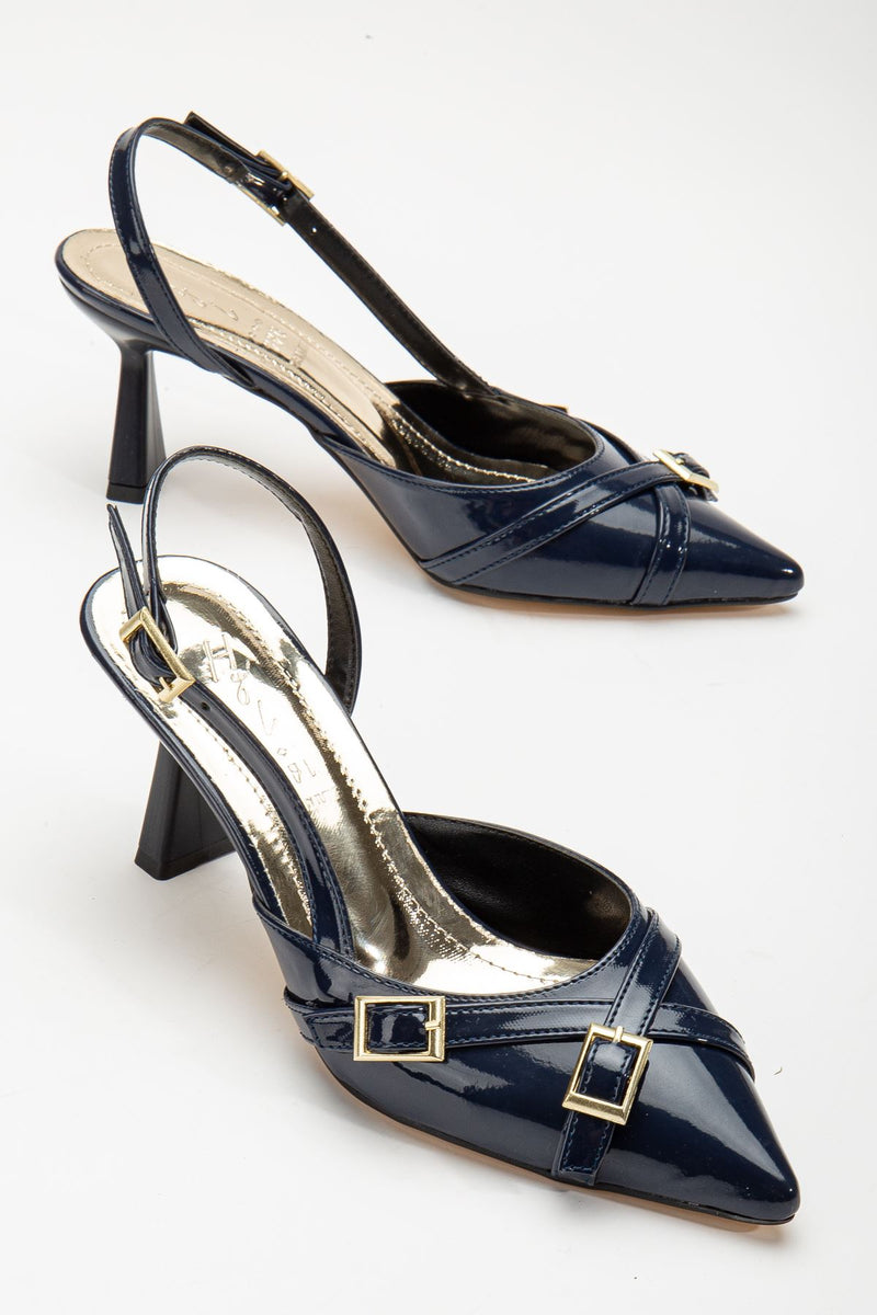 Mary Jane Navy Blue Patent Leather Open Back Pointed Toe Women's Heeled Shoes - STREETMODE™