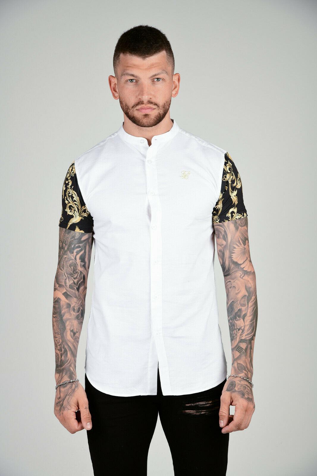 Men Grandad Collar Oxford Shirt - White & Gold - STREETMODE™
