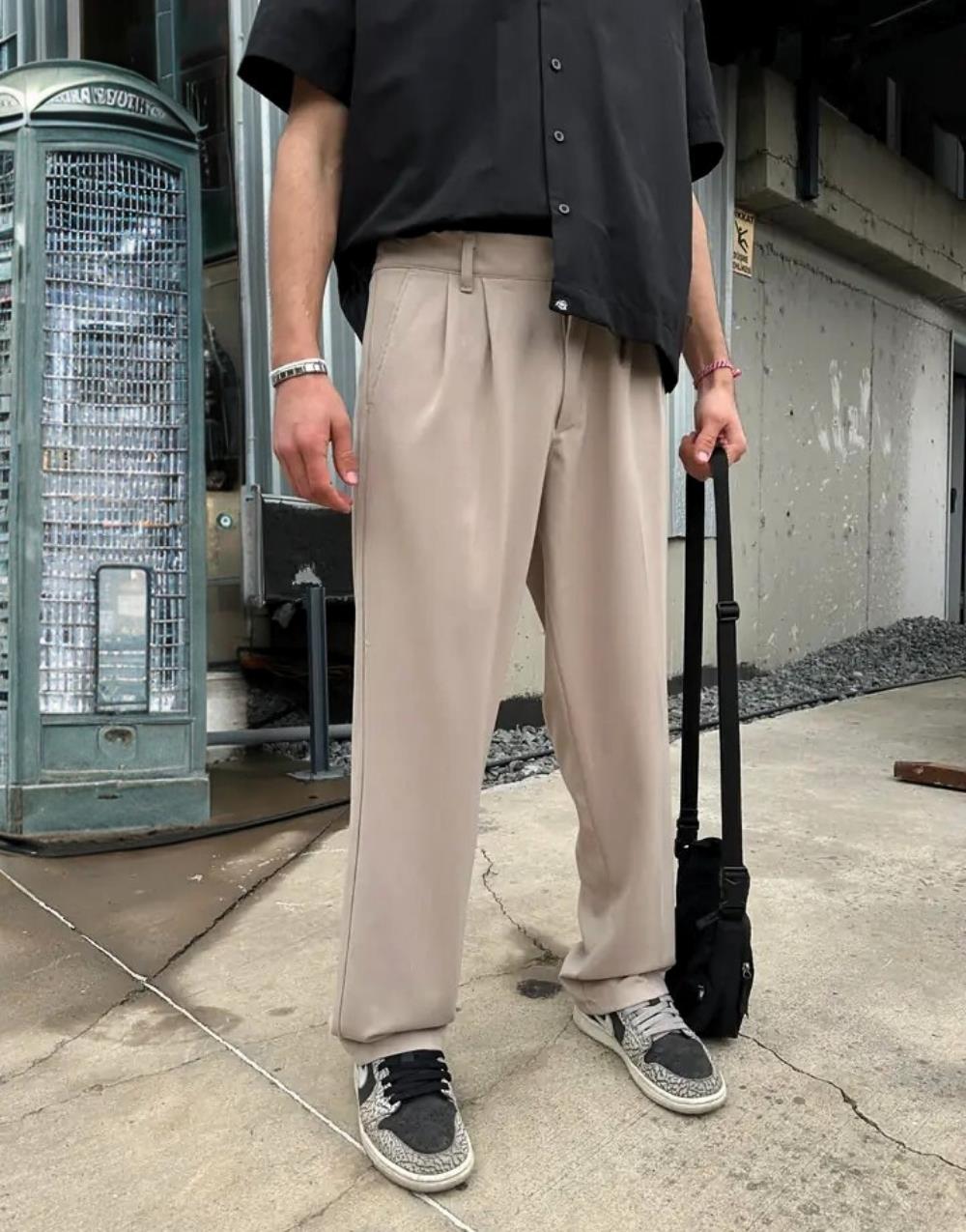 Men's Baggy Fit Fabric Trousers Cream - STREETMODE™