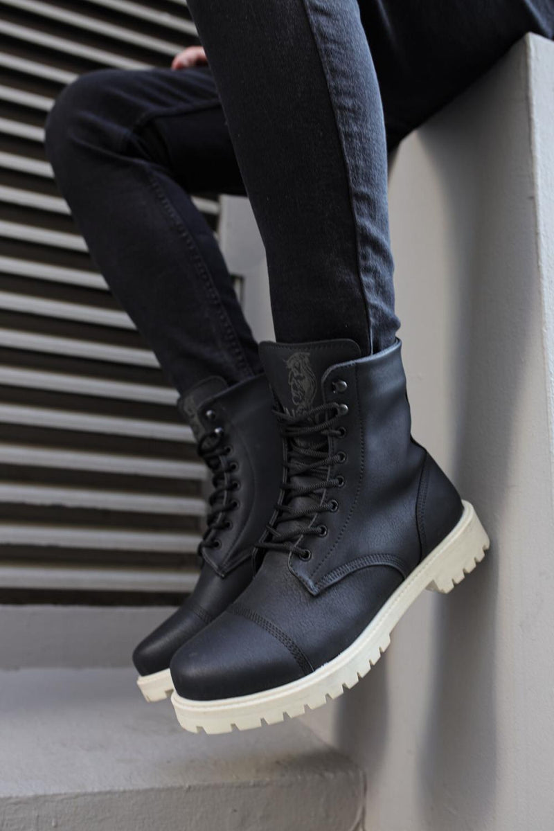 Men's High Sole Boots B-022 Black (White Sole) - STREETMODE™