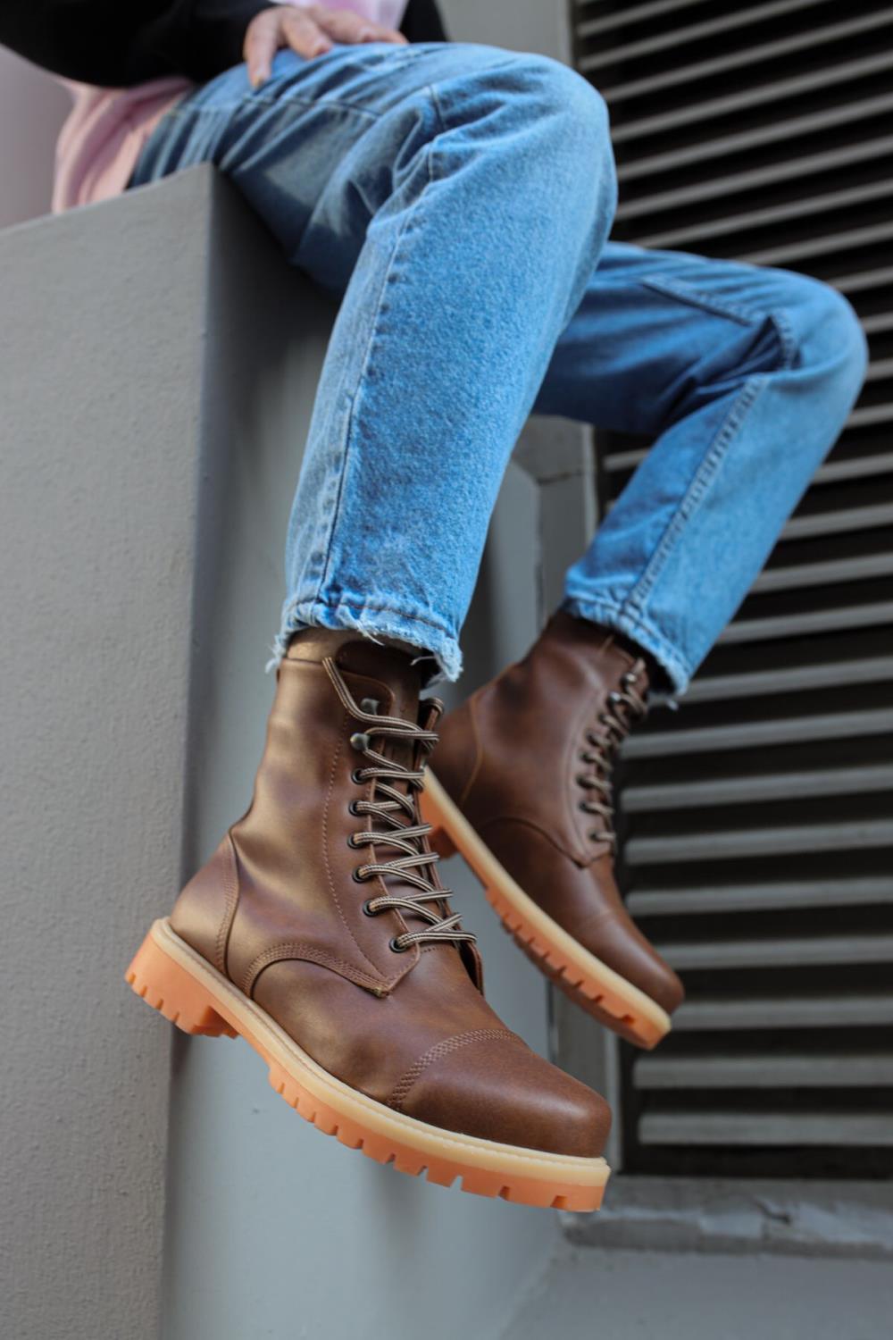 Men's High-Sole Boots B-022 Tan - STREETMODE™