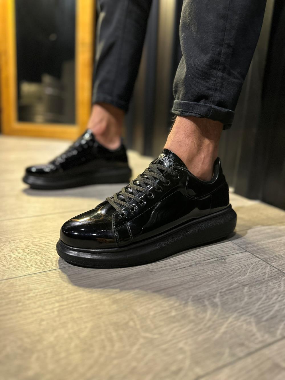 Men's High Sole Casual Shoes 044 Black Patent Leather (Black Sole) - STREETMODE™