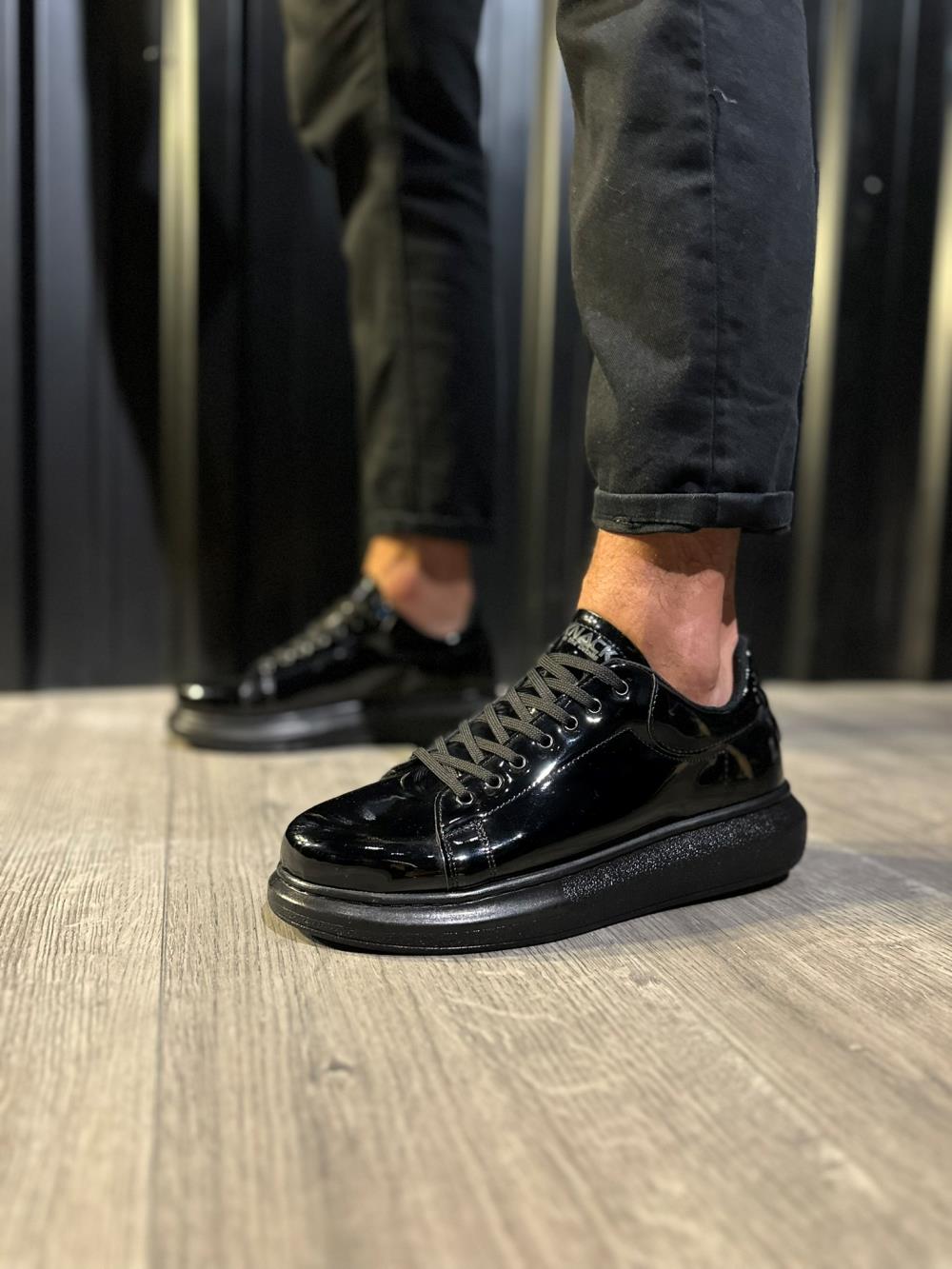 Men's High Sole Casual Shoes 044 Black Patent Leather (Black Sole) - STREETMODE™