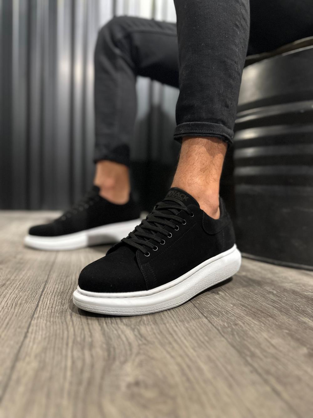 Men's High Sole Casual Shoes 044 Black Suede (White Sole) - STREETMODE™