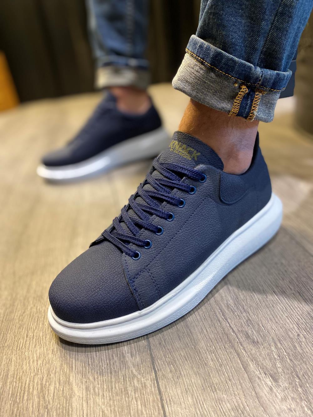 Men's High Sole Casual Shoes 045 Navy Blue (White Sole) - STREETMODE™