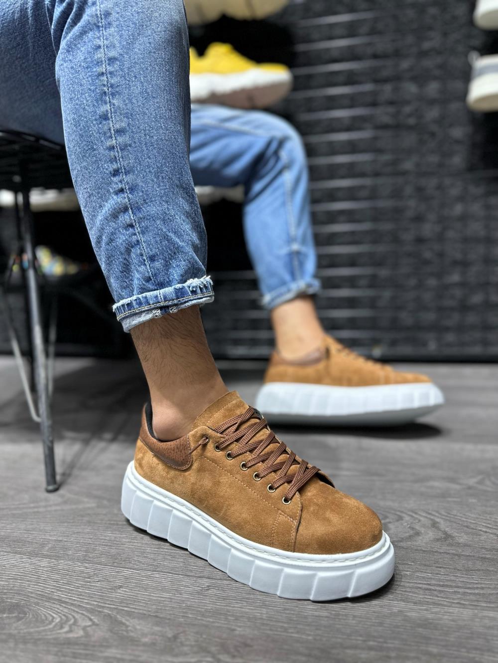 Men's High Sole Casual Suede Shoes 144 Tan - STREETMODE™