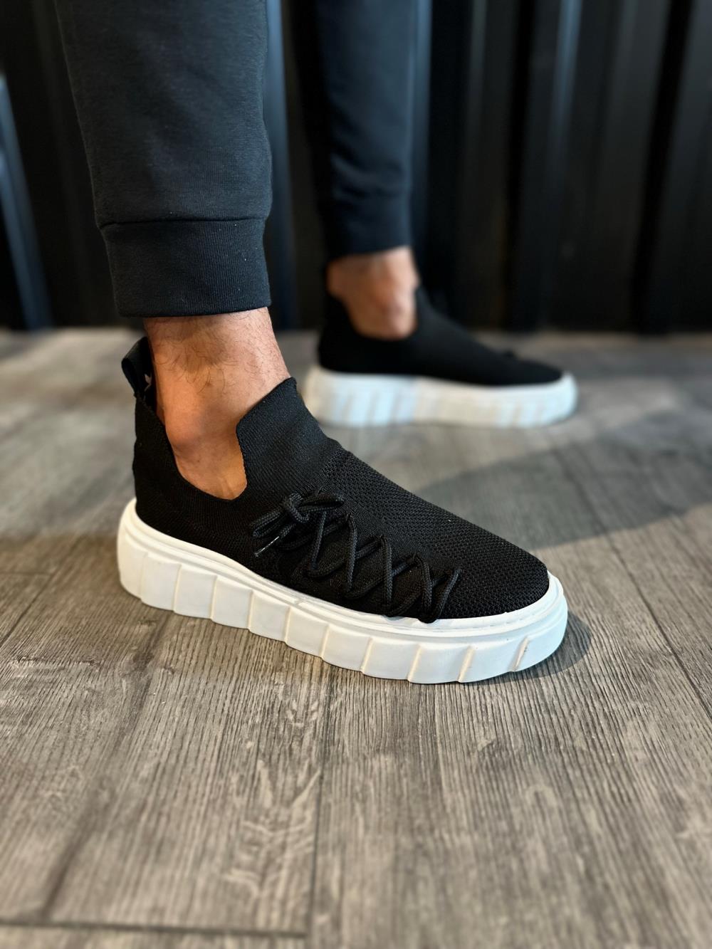 Men's High Sole Casual Suede Sneakers Shoes 1025 Black (White Sole) - STREETMODE™