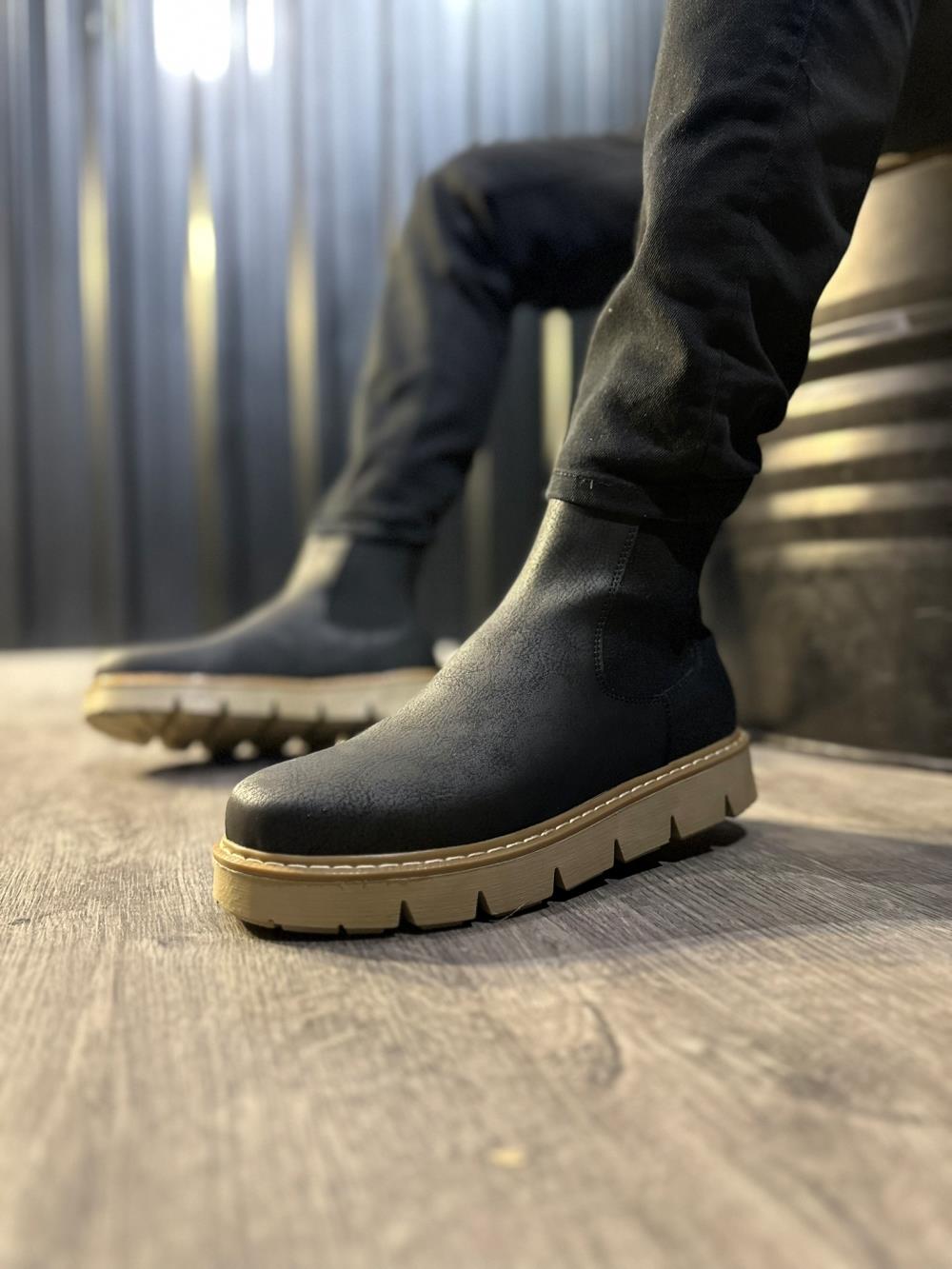 Men's High Sole Chelsea Boots 112 Black (Beige Sole) - STREETMODE™