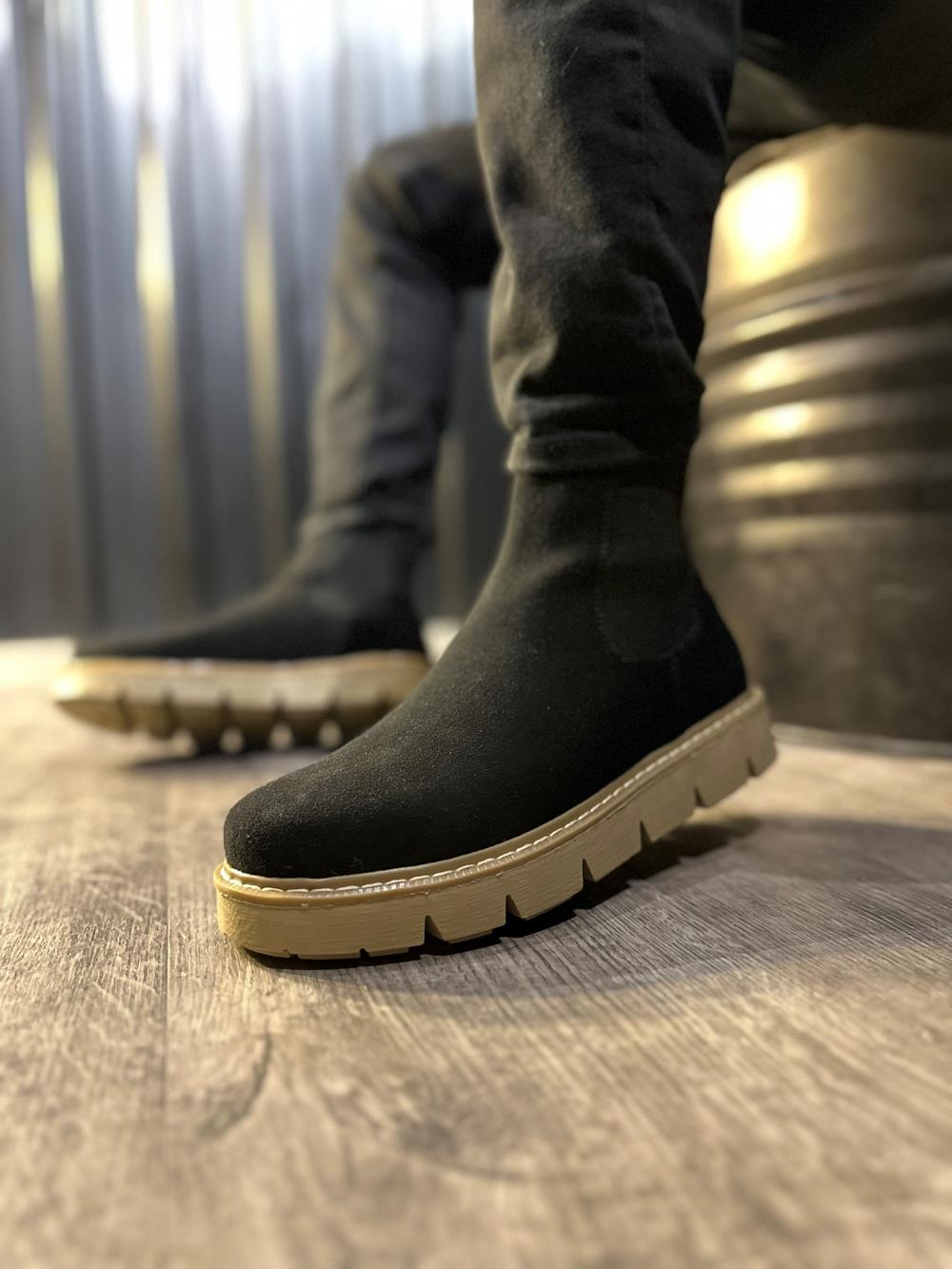 Men's High Sole Chelsea Boots 112 Black Suede (Beige Sole) - STREETMODE™