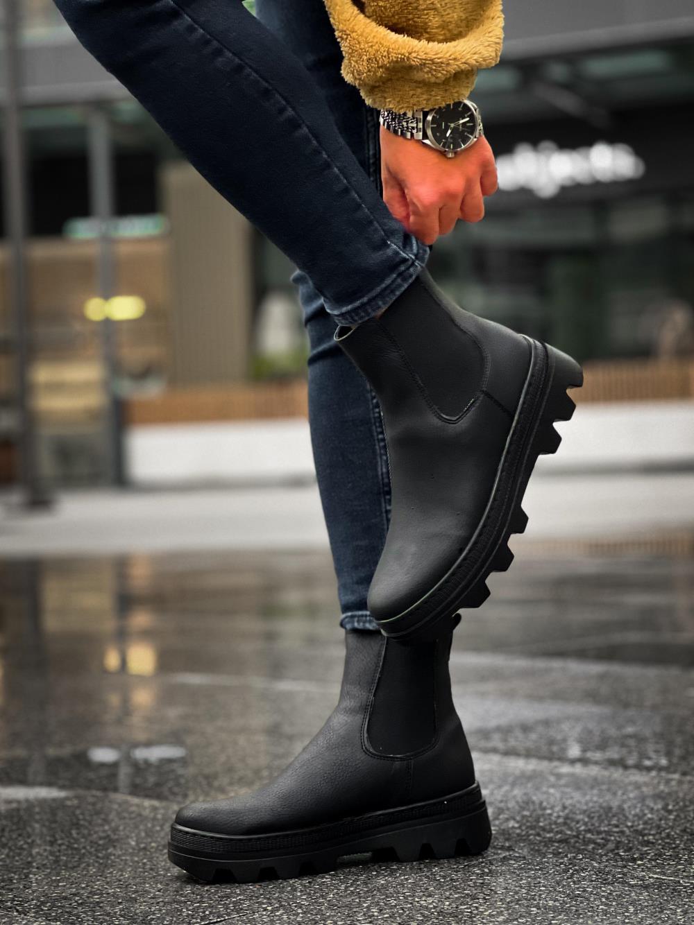 Men's High Sole Chelsea Boots 113 Black (Black Sole) - STREETMODE™