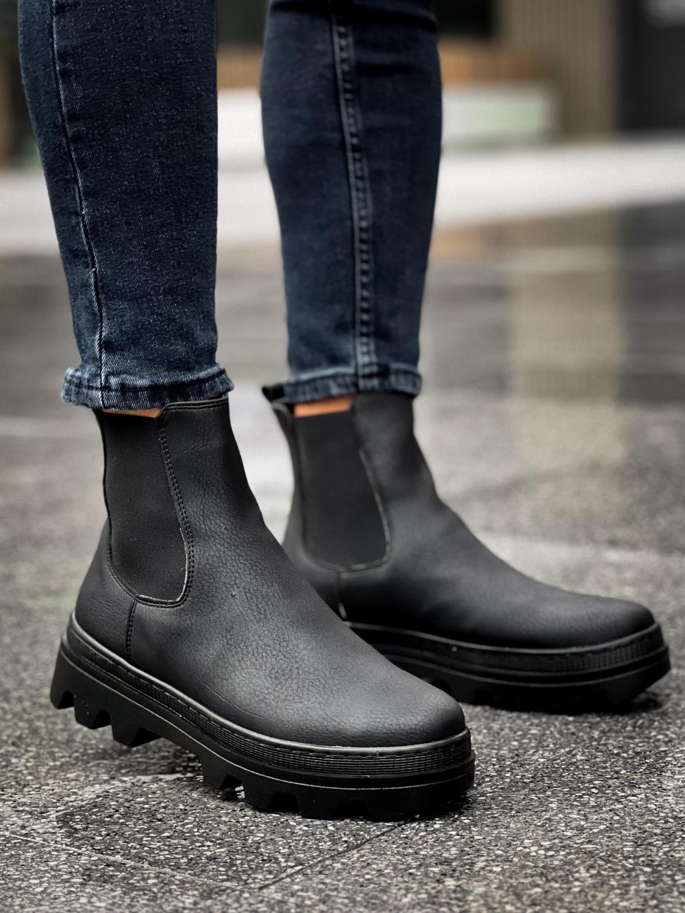 Men's High Sole Chelsea Boots 113 Black (Black Sole) - STREETMODE™