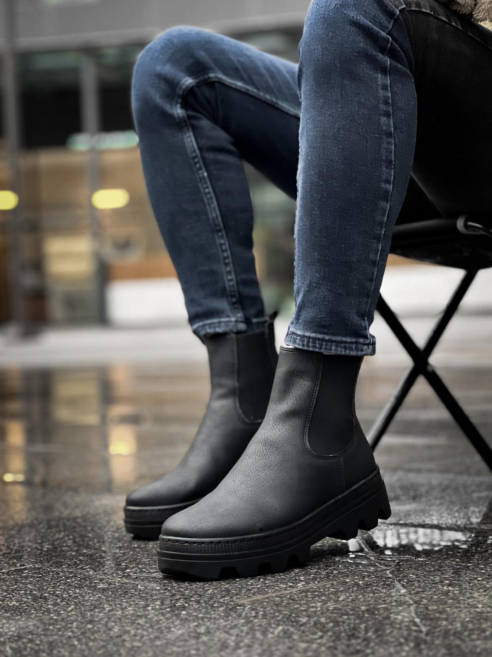 Men's High Sole Chelsea Boots 113 Black (Black Sole) - STREETMODE™