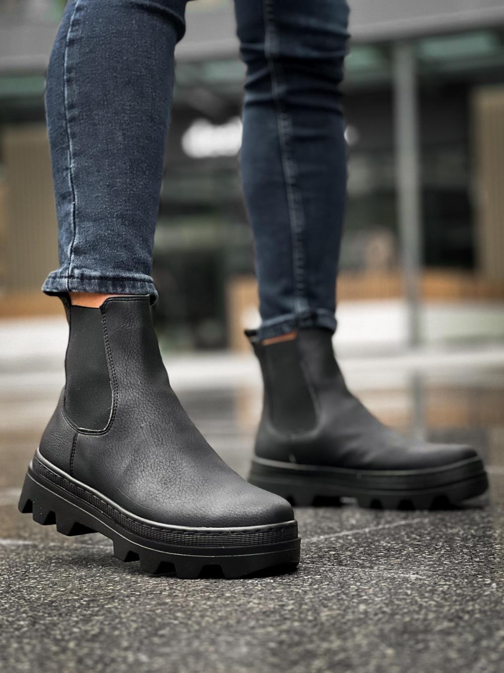 Men's High Sole Chelsea Boots 113 Black (Black Sole) - STREETMODE™