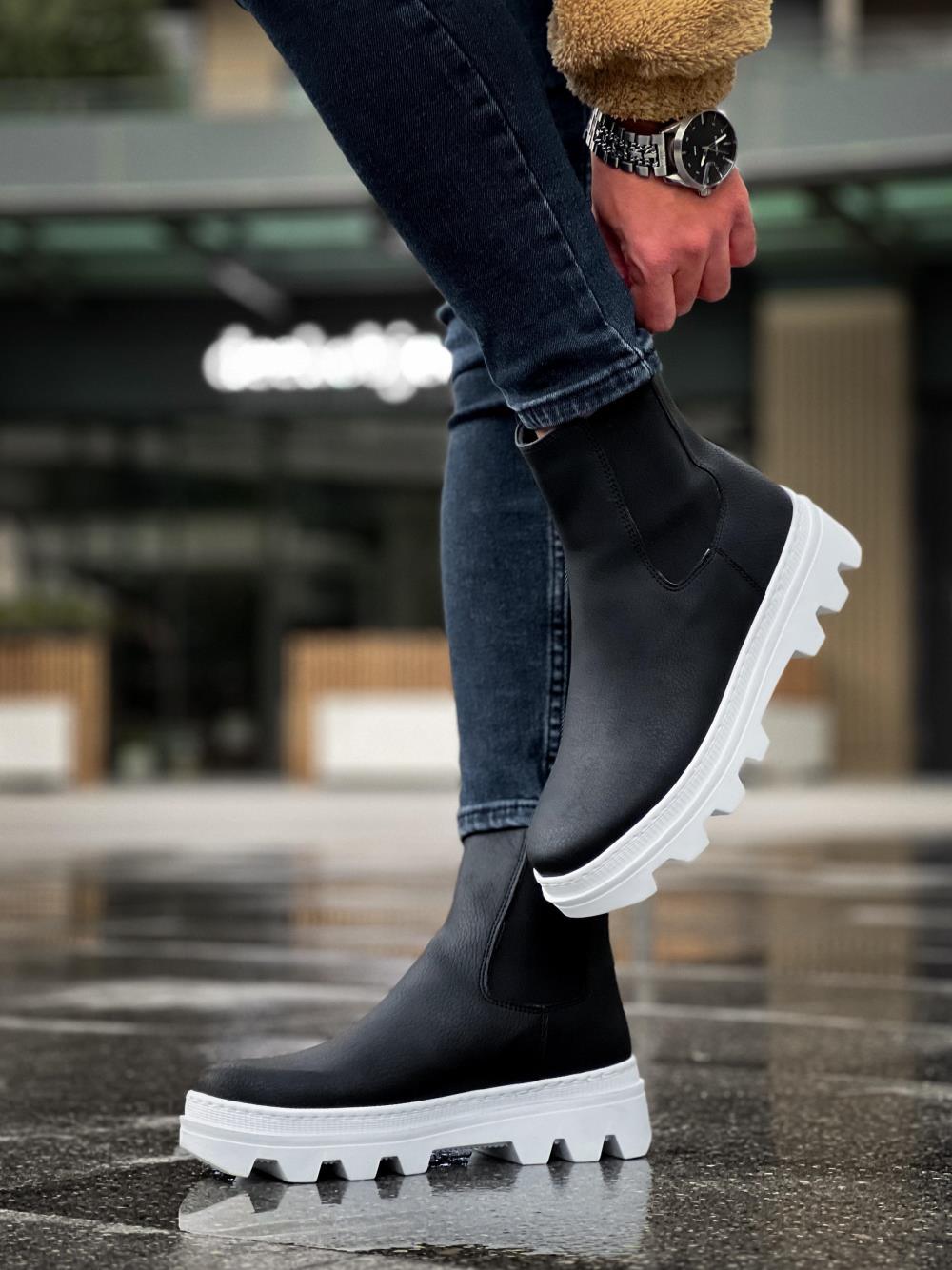 Men's High Sole Chelsea Boots 113 Black (White Sole) - STREETMODE™