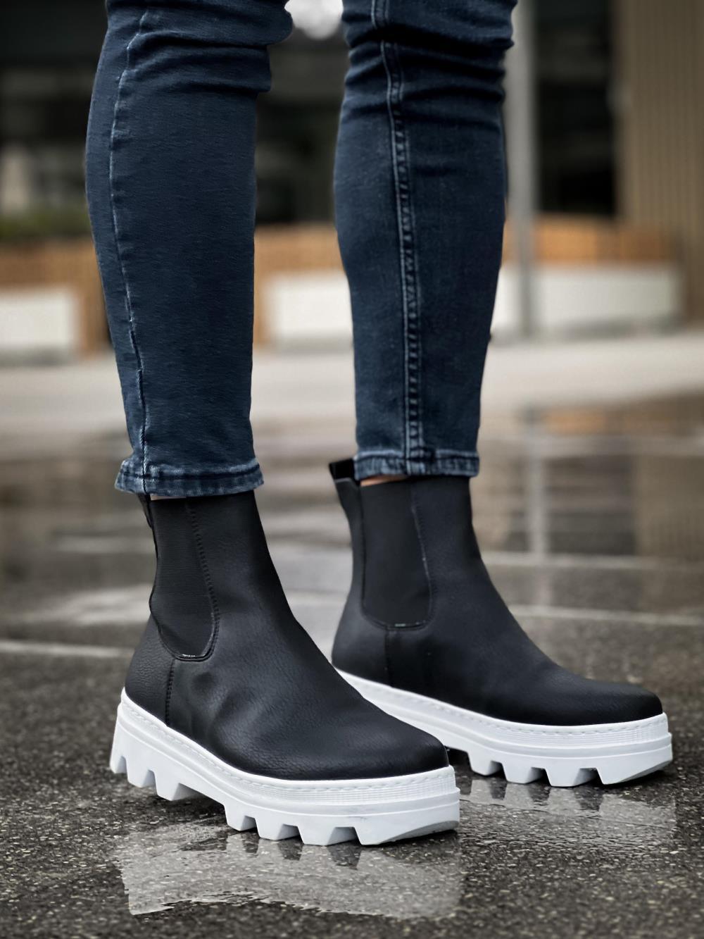 Men's High Sole Chelsea Boots 113 Black (White Sole) - STREETMODE™