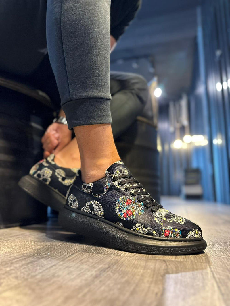 Men's High Sole Colorful Printed Casual Shoes 046 Black Skull - STREETMODE™