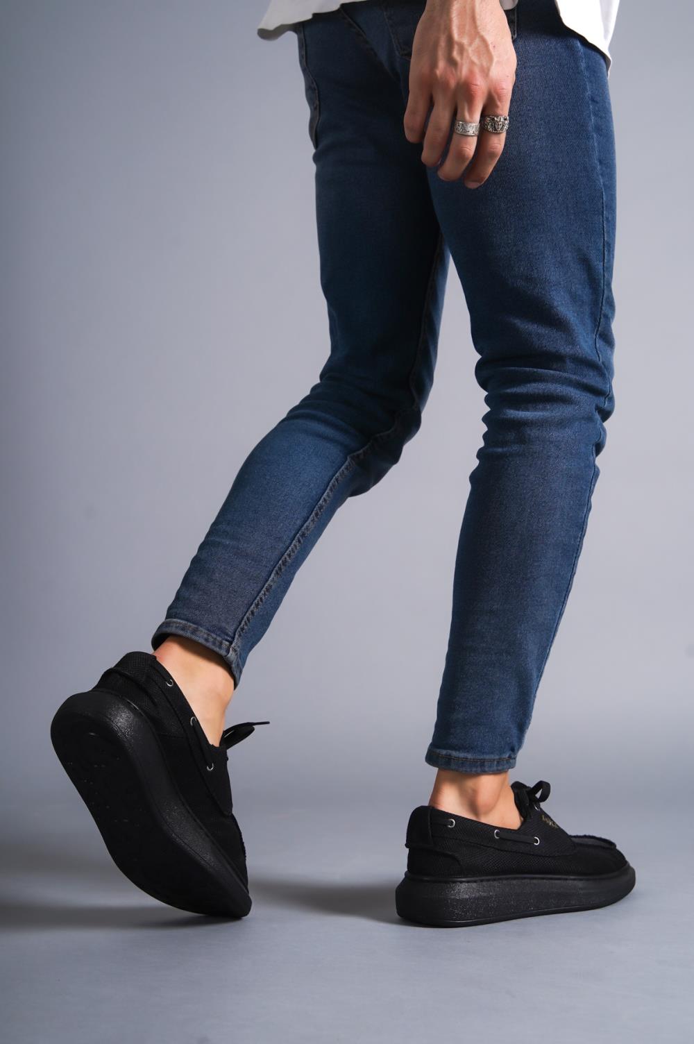 Men's High-Sole Seasonal Linen Shoes 009 Black (Black Sole) - STREETMODE™